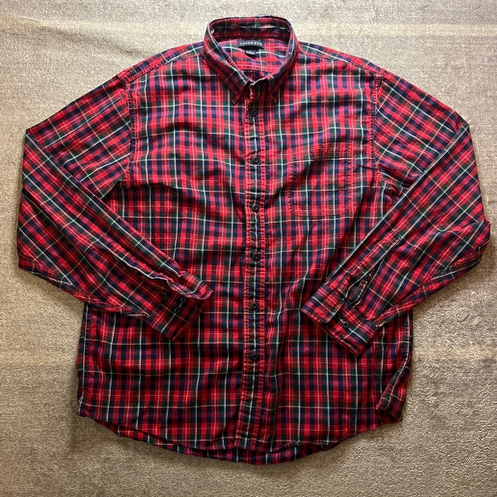 Lands End Mens Red Navy Blue Plaid Button Down Shirt Flannel L 16-16.5 391377